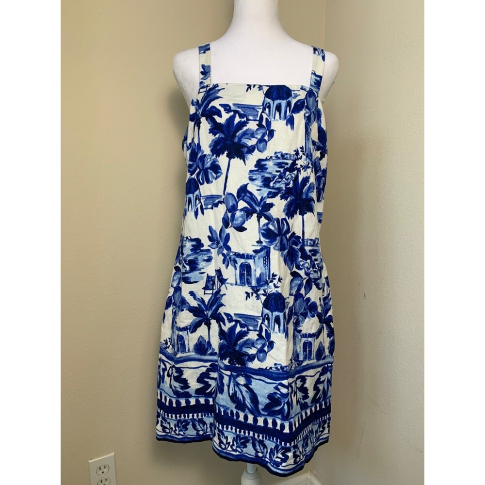 Loft Linen Blend Dress Sz 8 Blue White Palm Sleeveless Tropical Beach Resort